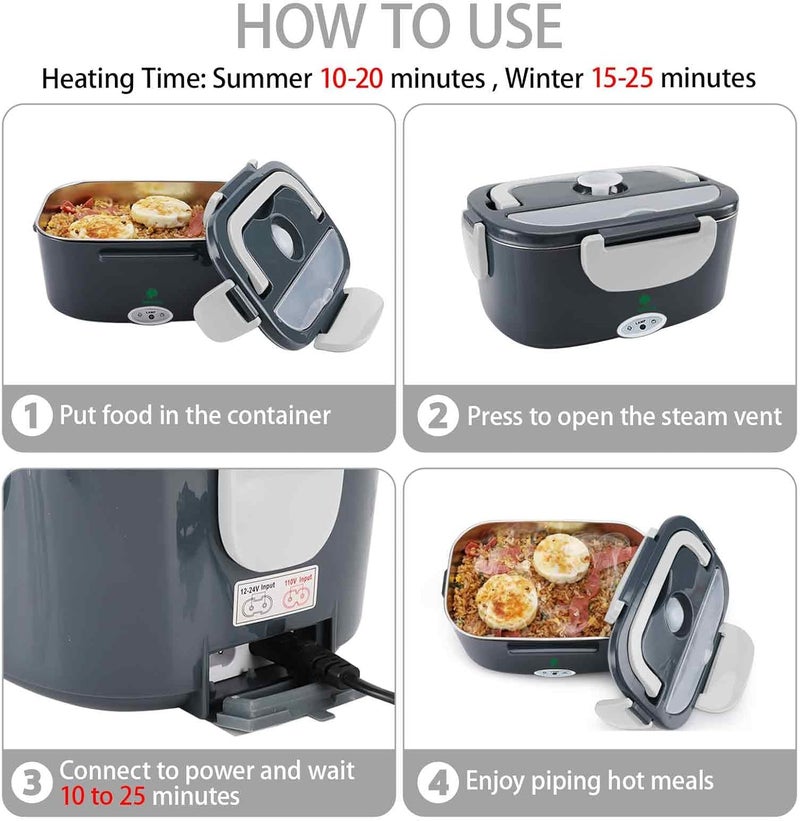 Andmenow Electric Lunch Box For Adults, 80W Heated Lunch Box for Men 1.5L Stainless Steel, Portable Food Warmer for Car Truck Work, 12/24/110V, Loncheras Para Hombres De Trabajo, Heatable Lunchbox,White Grey - Image 4